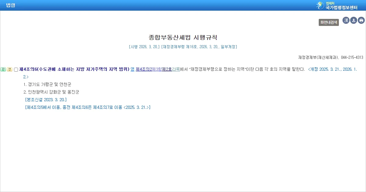 종합부동산세법 시행규칙 제4조의6 수도권 지방 저가주택 지역 범위 조문 화면