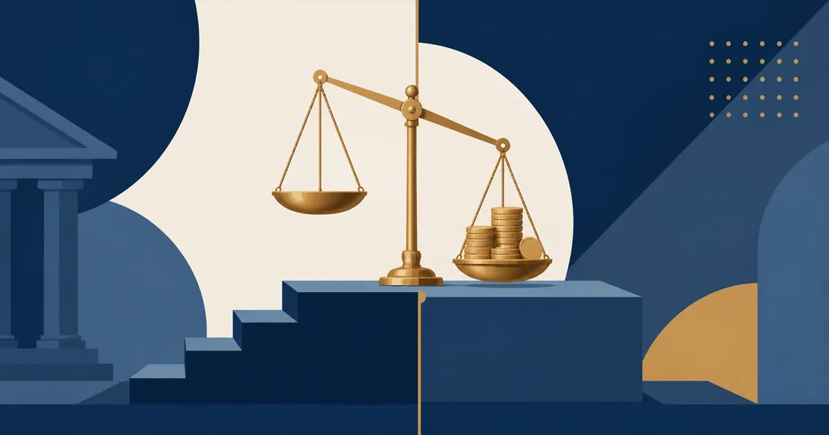 문턱을 넘는 계단과 저울, 동전 더미를 배치한 플랫 일러스트