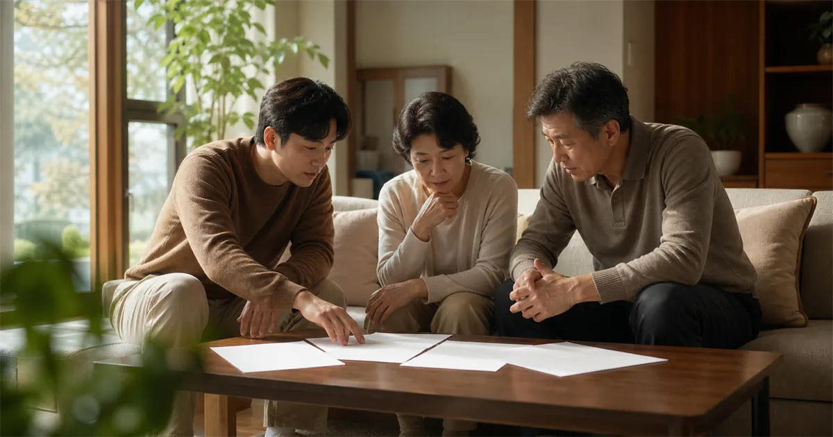 가족이 거실에 둘러앉아 서류를 앞에 놓고 이야기하는 사실적 이미지
