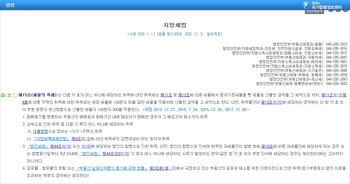 국가법령정보센터에서 연 지방세법 제15조 조문 화면 캡처