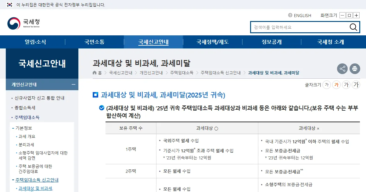 국세청 국세신고안내의 주택임대소득 과세대상 및 비과세 화면 캡처