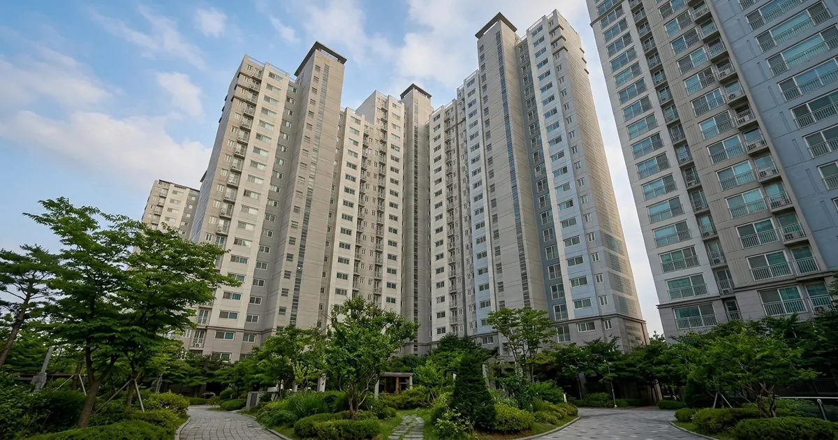 여러 동이 늘어선 아파트 단지를 낮에 아래에서 올려다본 실사 사진