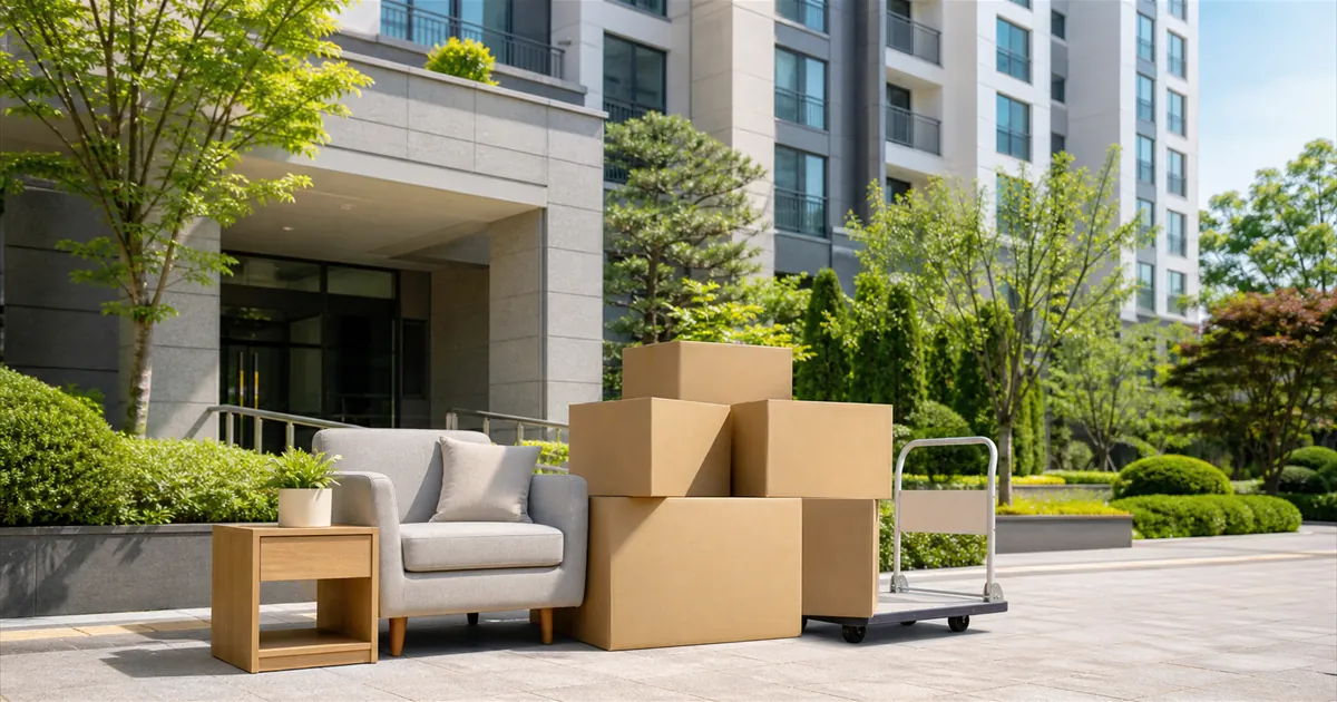 이사할 새 집 앞에 이삿짐 상자가 쌓여 있는 사실적 이미지